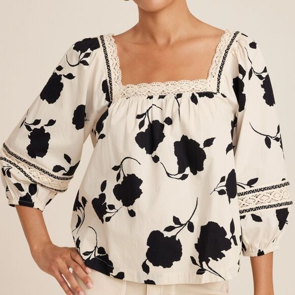 Maurices Tops - Maurices M Floral Crochet Trim Blouse Black and Cream Lace